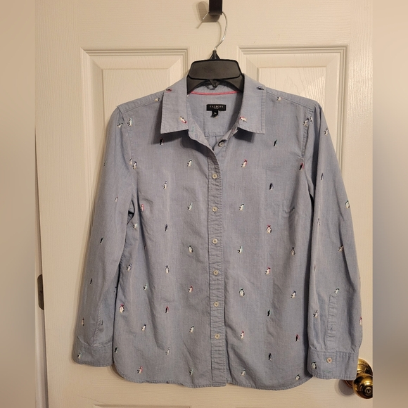 Talbots Tops - Talbots Women's Blue Button-Up Shirt Embroidered With Penguins